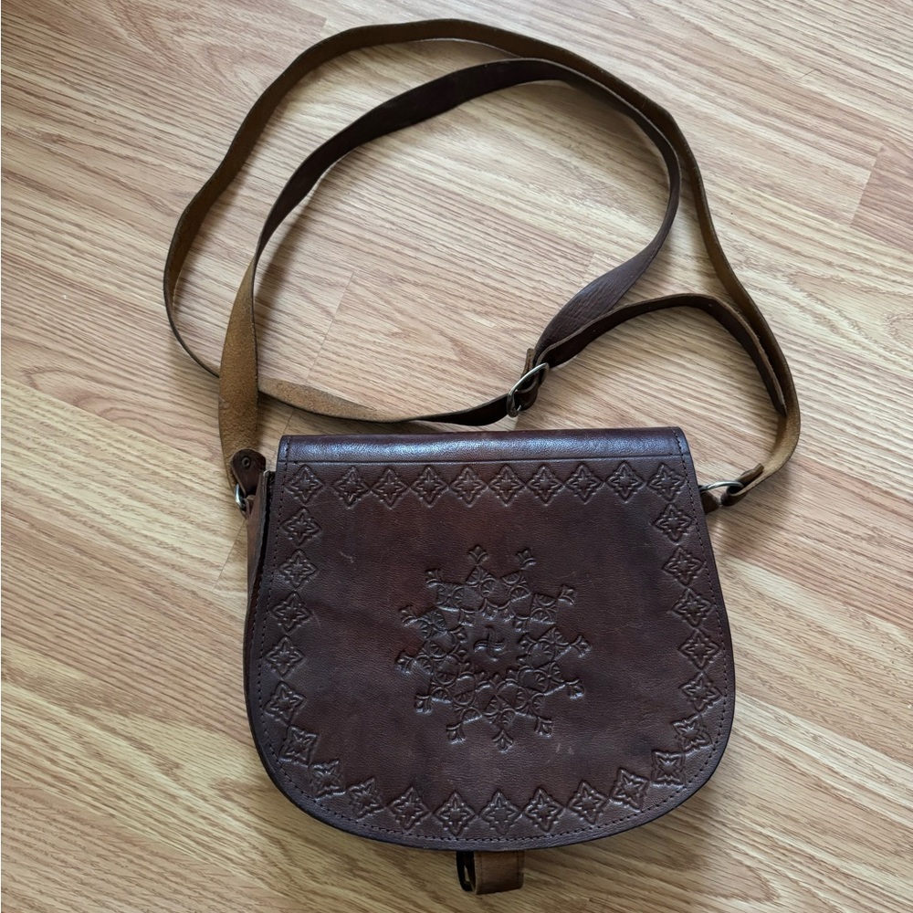Boho Moroccan Brown Leather Mandala Hand Tooled Crossbody Bag Purse w Pockets